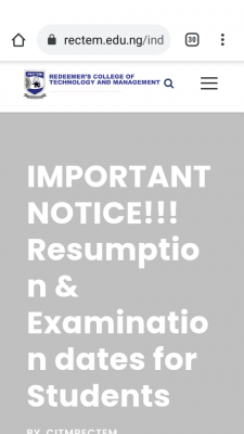 Redeemer's College of Technology and Management notice on resumption and exam date