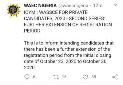WAEC announces extension of GCE 2nd series registration period