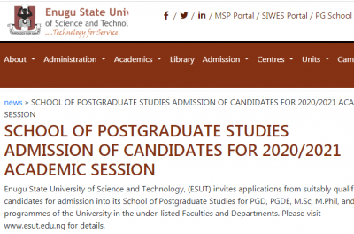 ESUT Postgraduate Admission Form For 2020/2021 Session - Myschool