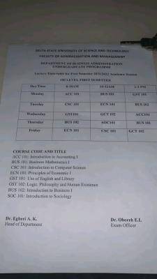 Delta State University of Science and Technology first semester lecture timetable, 2021/2022