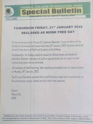 FCE, Zaria announces work free day