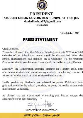 UNIJOS SUG disclaims academic calendar making rounds on social media