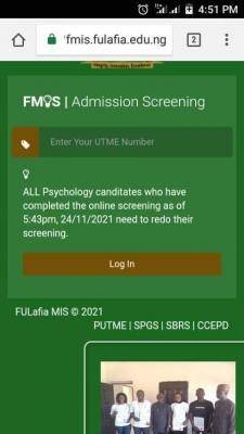 FULAFIA notice to Post-UTME candidates that applied for psychology, 2021/2022