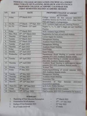 FCE Technical, Omoku First semester Academic Calendar, 2022/2023 - Myschool