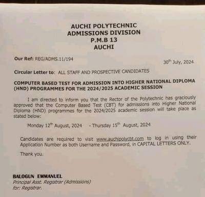 Auchi Poly announces CBT into HND programmes