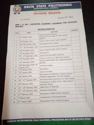 Delta Polytechnic, Ogwashi-uku adjusted academic calendar for 2019/2020  session - Myschool