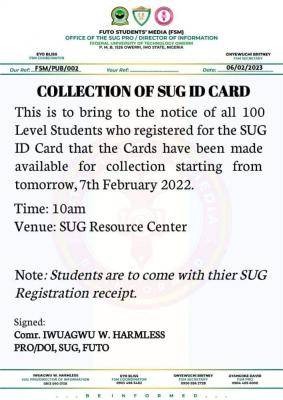 FUTO notice on collection of SUG ID card
