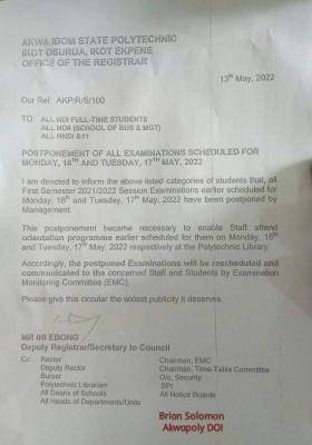 Akwa Poly postpones exams scheduled for Monday, 16th and Tuesday, 17th May, 2022