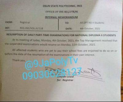 OSPOLY notice to Daily Part Time students on resumption of examination