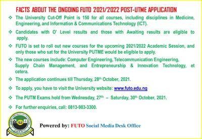 FUTO announces Post-UTME registration deadline and screening date, 2021/2022