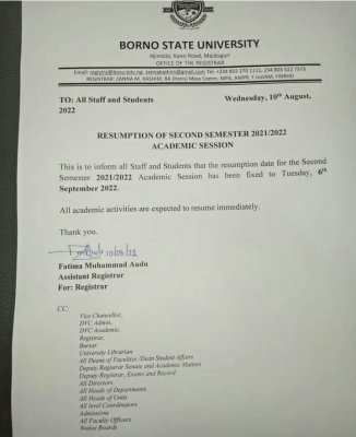 BOSU Notice On Resumption Of Second Semester, 2021/2022 - Myschool