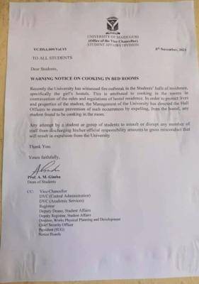 UNIMAID warning notice to students cooking in hostel rooms