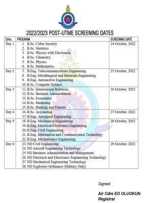 AFIT Post-UTME screening schedule, 2022/2023 - Myschool