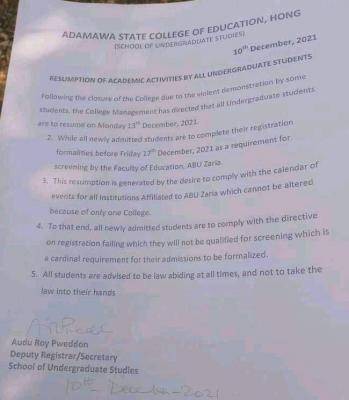 Adamawa COE announces resumption of academic activities for undergraduate students