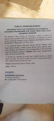 Nasarawa State notice on exchange programme for 3rd term, 2021/2022