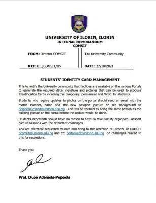 UNILORIN notice on students' ID card
