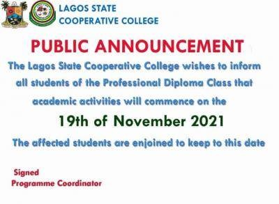 Lagos State Cooperative College notice to Professional Diploma students on resumption