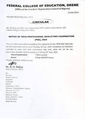 FCE Okene notice of TRCN Professional Qualifying examination (PQE ...