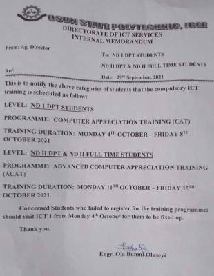 OSPOLY notice to ND II Students on compulsory ICT training