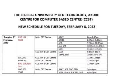 FUTA announces new date for CHE101 & BDG 205/QSV 207 exam
