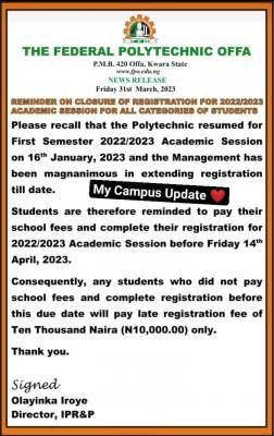 Fed Poly Offa notice on closure of registration for all students, 2022/2023