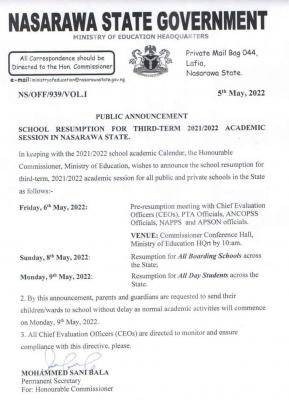 Nasarawa State notice on school resumption for 3rd term, 2021/2022 session