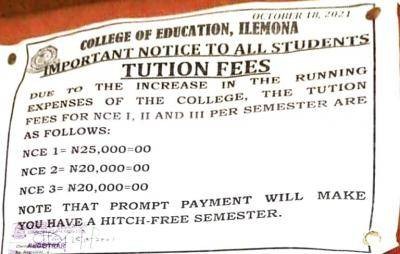 College of Education, Ilemona notice on tuition fees