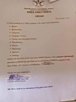 BASUG notice to 300L SIWES students