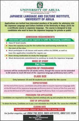 UNIABUJA Admission Into Japanese Lang. & Cultural Institute Application ...