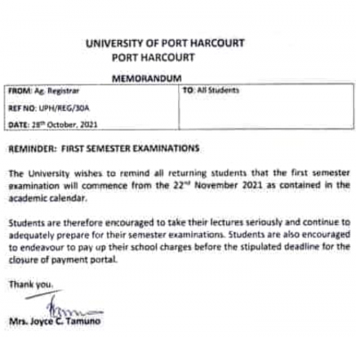 UNIPORT notice on commencement of first semester examination, 2020/2021