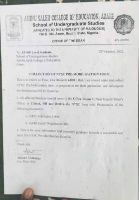 Aminu Saleh College Of Education Notice On Collection Of NYSC Pre ...