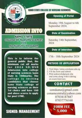 Kano College of Nursing Sciences releases ND/HND Nursing form, 2024/2025