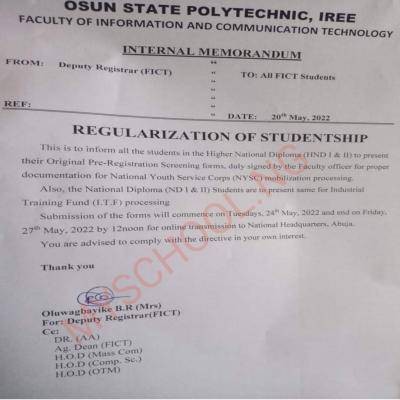 OSPOLY notice to students on regularisation of studentship
