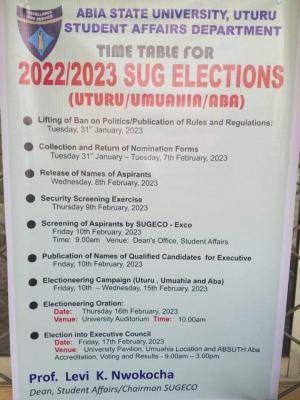 ABSU SUG election timetable, 2022/2023