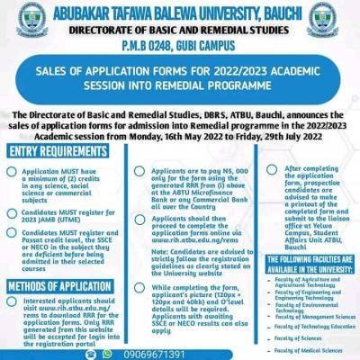 ATBU Remedial admission form, 2022/2023