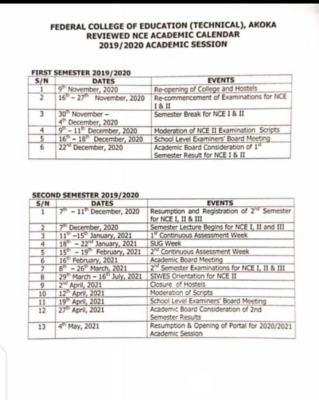 Fce (technical) Reviewed Academic Calendar For 2019 2020 Session - Myschool