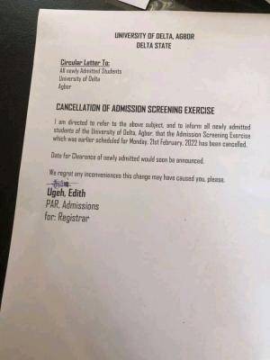 UNIDEL Notice On Cancellation Of Screening Exercise For Newly Admitted ...