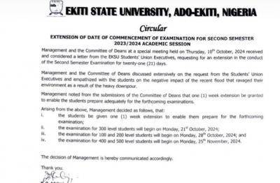 EKSU extends date for commencement of 2nd semester exam, 2023/2024 ...