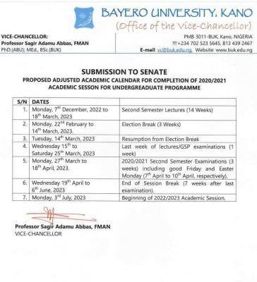 BUK adjusted academic calendar for completion of 2020/2021 session for ...