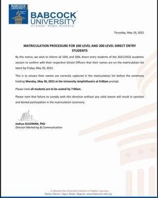 Babcock University notice on matriculation procedure for 100 level and Direct Entry students