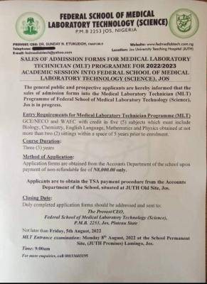 Federal School of Medical Laboratory Science MLT Admission, 2022/2023