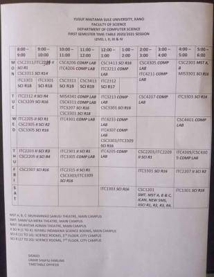 YUMSUK Lecture timetable for first semester 2020/2021