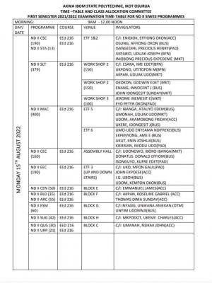 Akwa Poly first semester examination timetable, 2021/2022