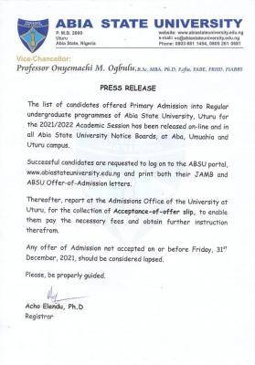 Absu Notice On Payment Of Acceptance Fee, 2021/2022 - Top Education News Feed In Nigeria Today