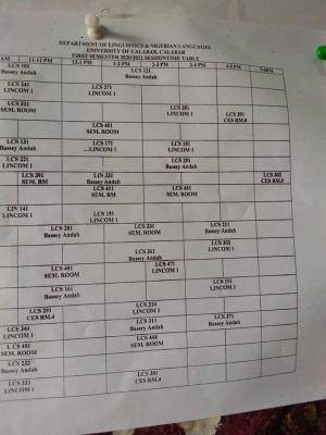 UNICAL 1st semester lecture time-table, 2020/2021
