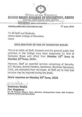 Aminu Saleh COE Notice On End Of Semester Break - Myschool