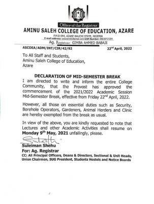 Aminu Saleh COE notice on mid-semester break