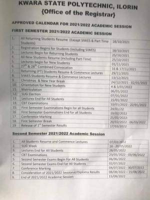 Kwara Poly academic calendar for 2021/2022 session