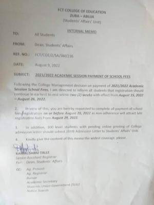 FCE, Zuba notice on payment of school fees, 2021/2022