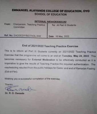 Emmanuel Alayande COE notice on end of teaching practice exercise, 2021/2022